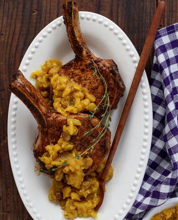 Pan Seared Pork Chops and Cool Smoke Apple-Ginger Chutney