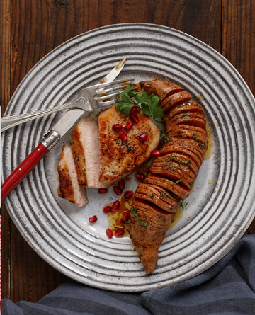 Pan Seared Pork Chops and Hasselback Sweet Potatoes